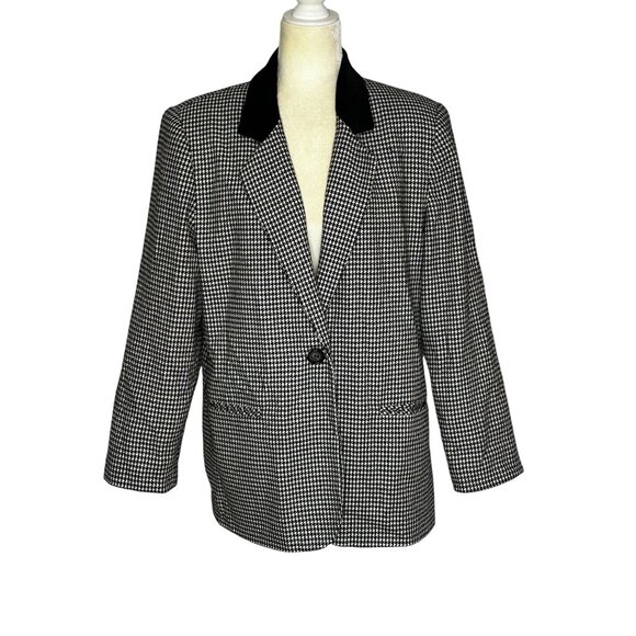 Wool Blend Houndstooth Blazer Black Velvet Collar Oversized Boxy Fit Sz 12 - Picture 2 of 12